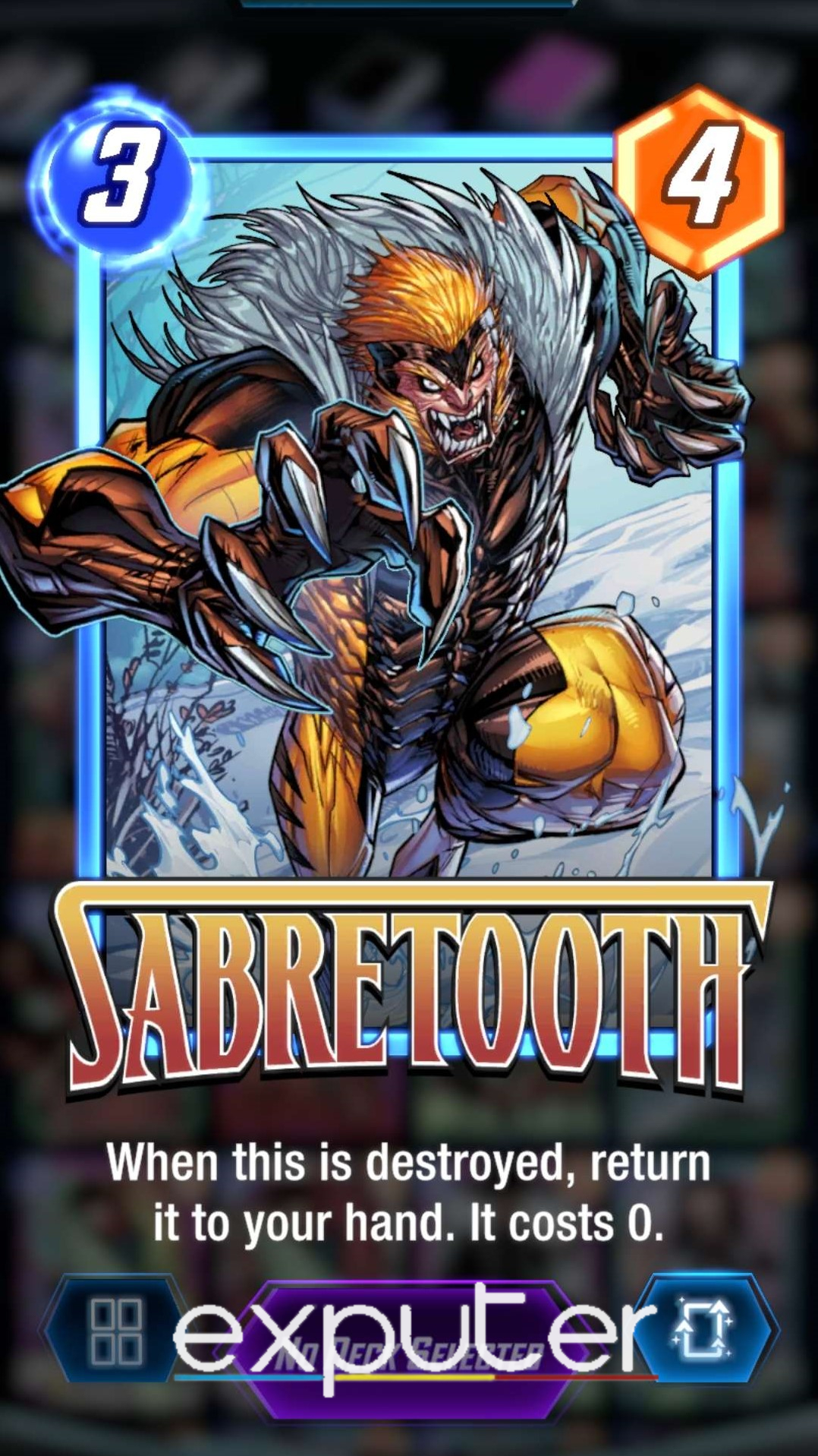Showcasing Sabretooth, a card meant for a Destroy deck that returns to your hand once destroyed