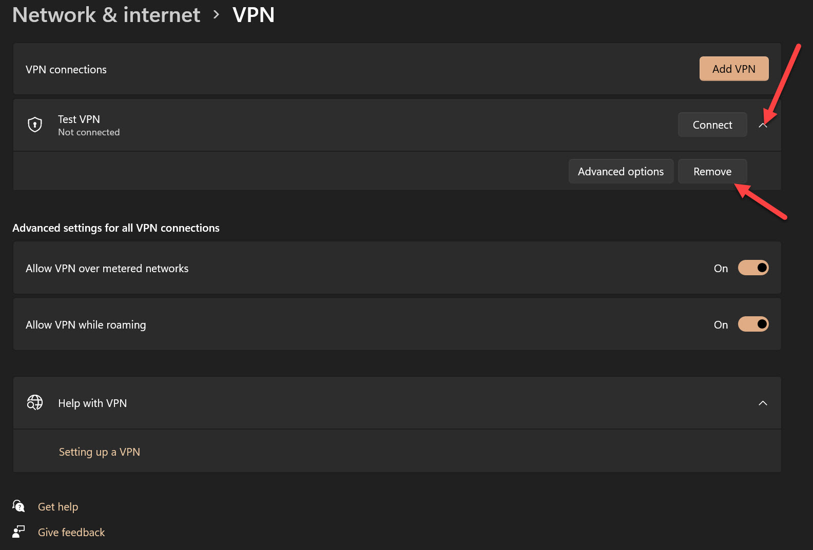 Remove VPN Connection in Settings