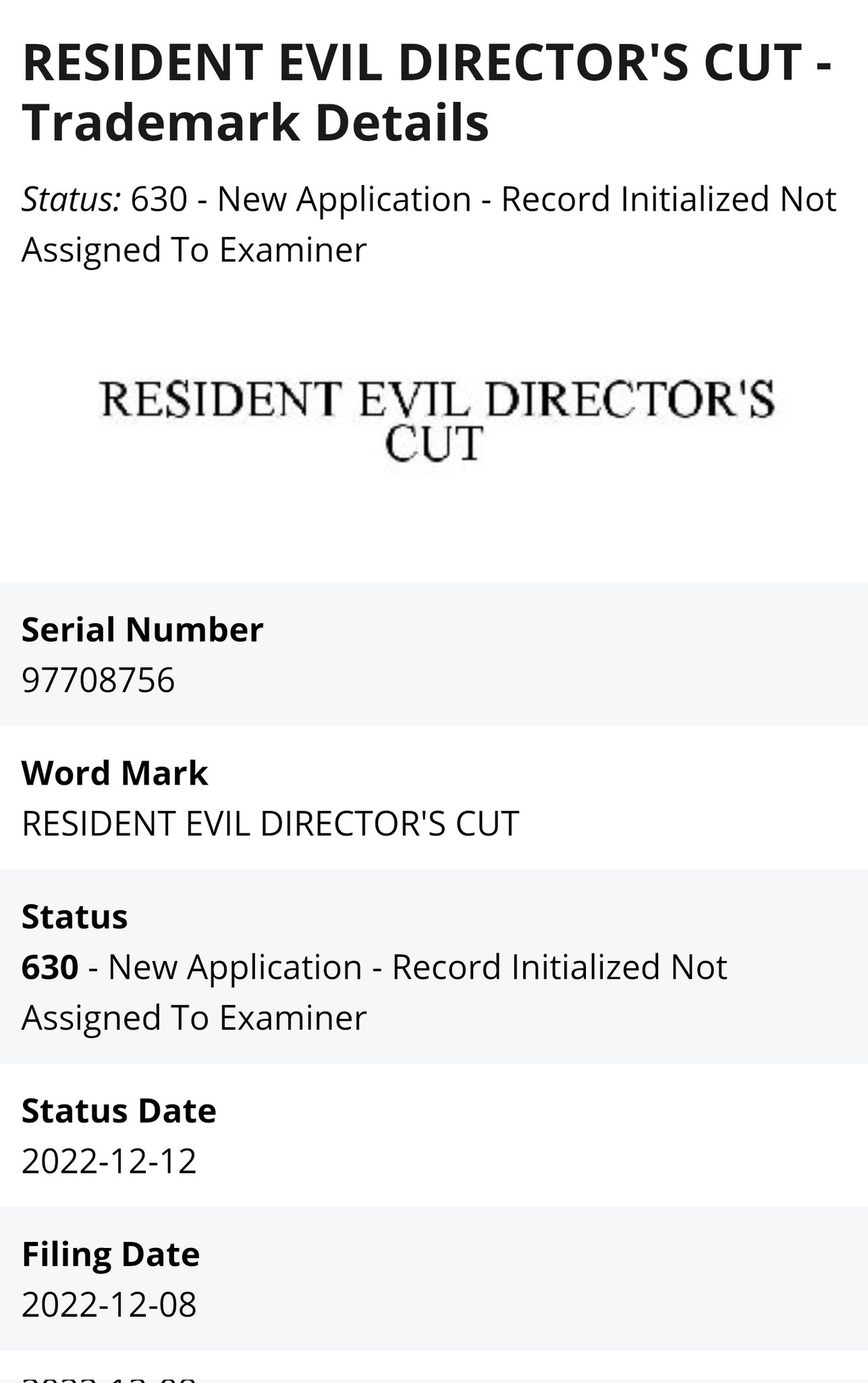 Trademark application for Resident Evil Director's Cut