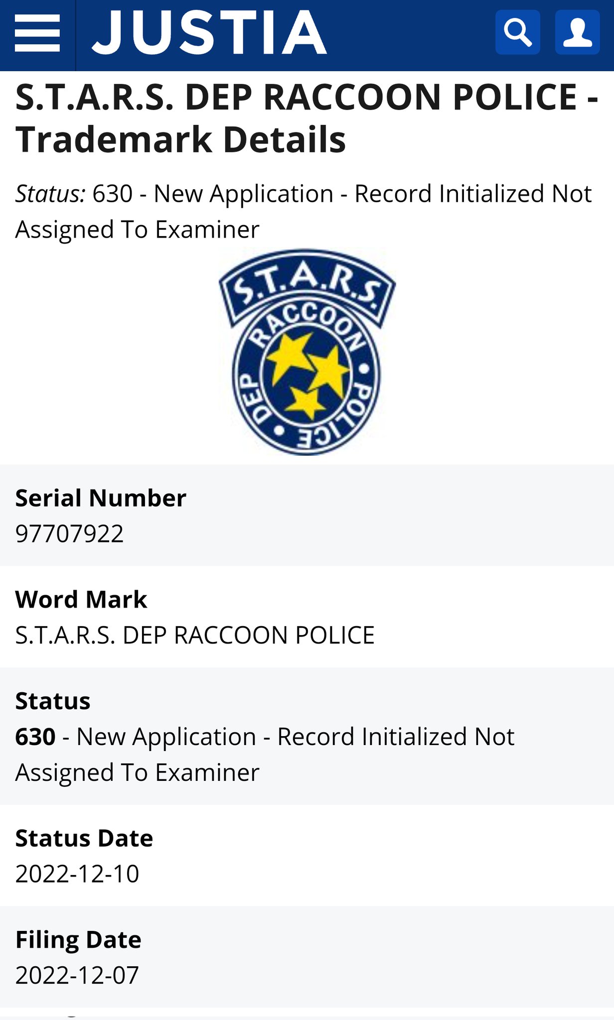 Trademark application for S.T.A.R.S. Dep Raccoon Police