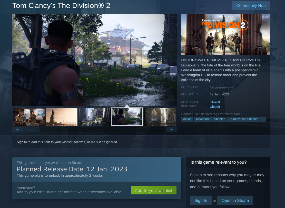 Tom Clancy's The Division 2 Steam Page
