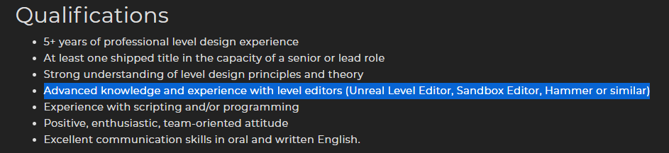 Qualifications for Lead Level Designer at MachineGames