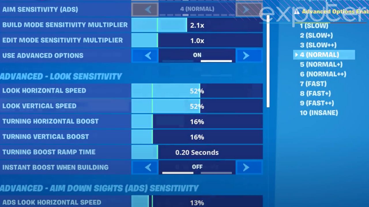 Picture showing ADS and Look Sensitivity of Fortnite