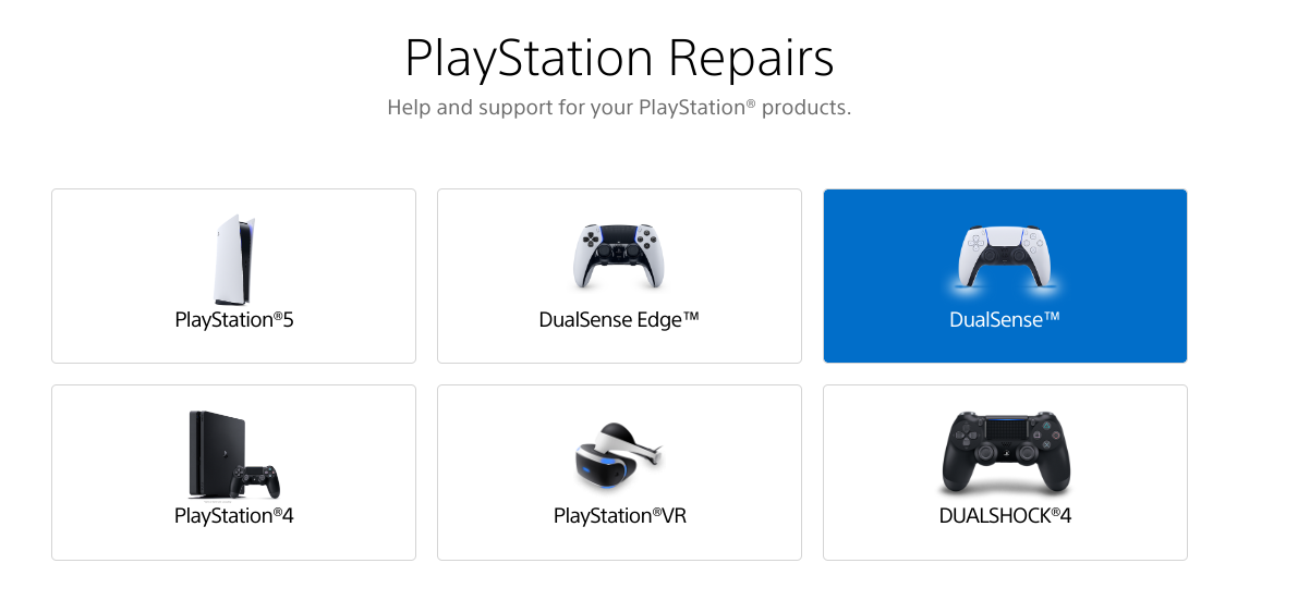 Choosing "Dualsense" on the PlayStation Repairs Website