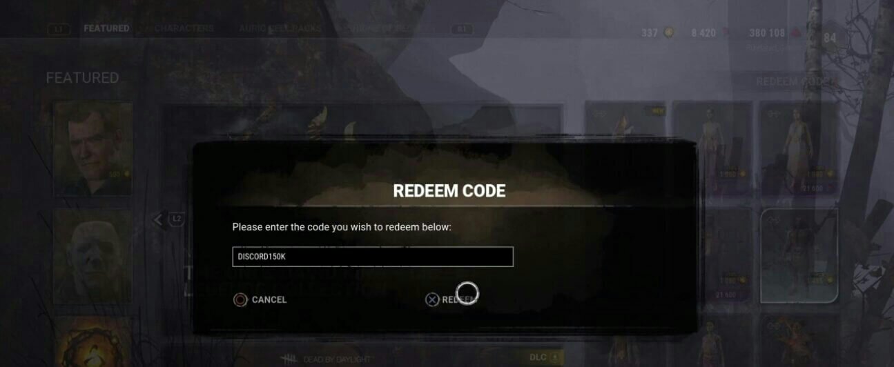 Dead by Daylight build point code redeeming screen