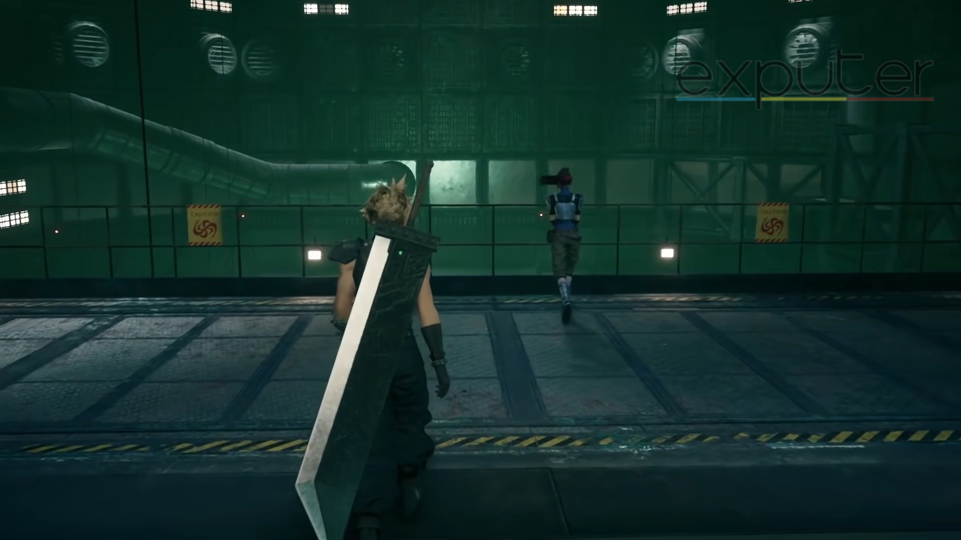 A spiky yelllow-haired boy with a sword approaching a girl with a ponytail in a factory-like area.