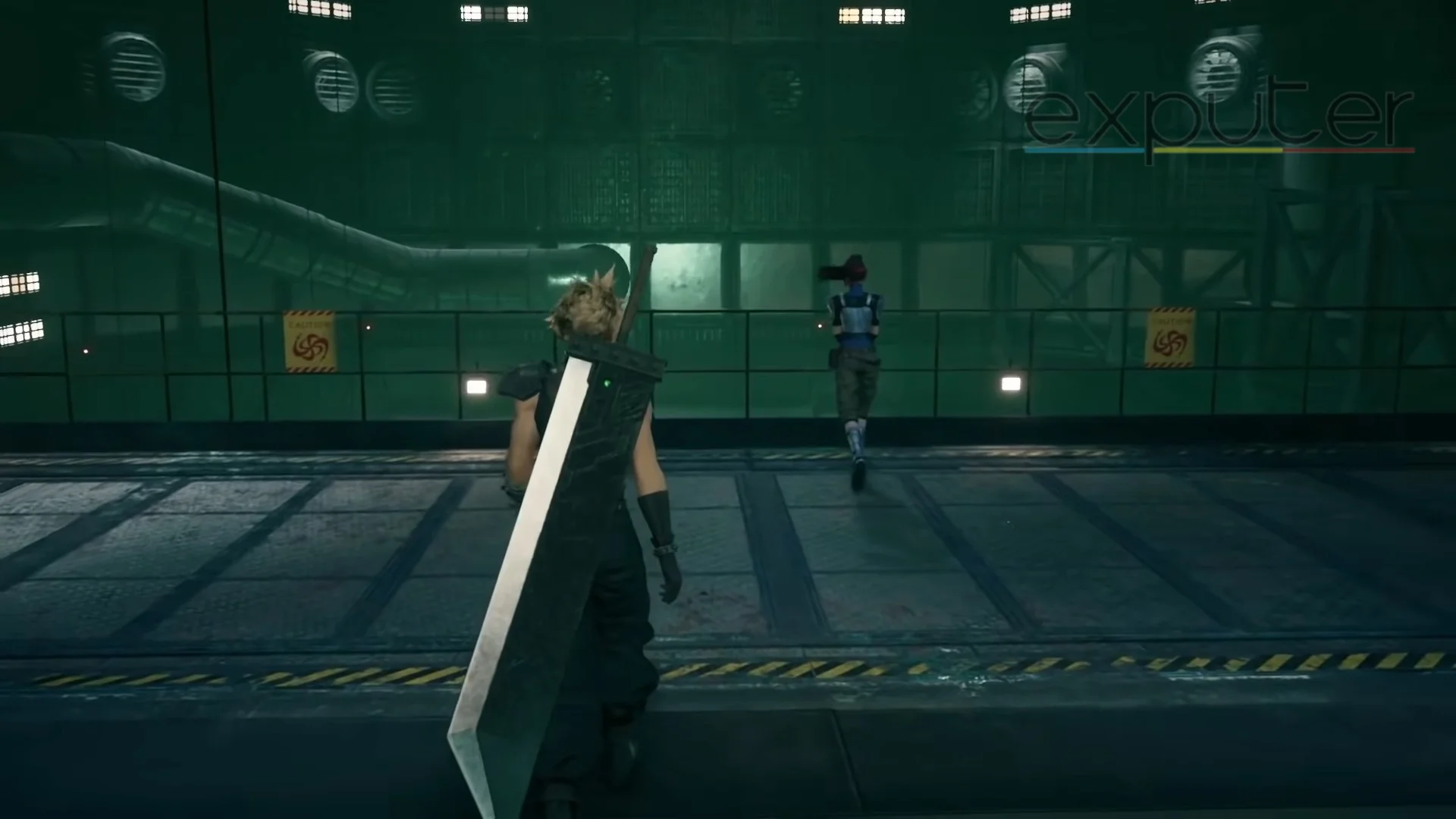 A spiky yelllow-haired boy with a sword approaching a girl with a ponytail in a factory-like area.