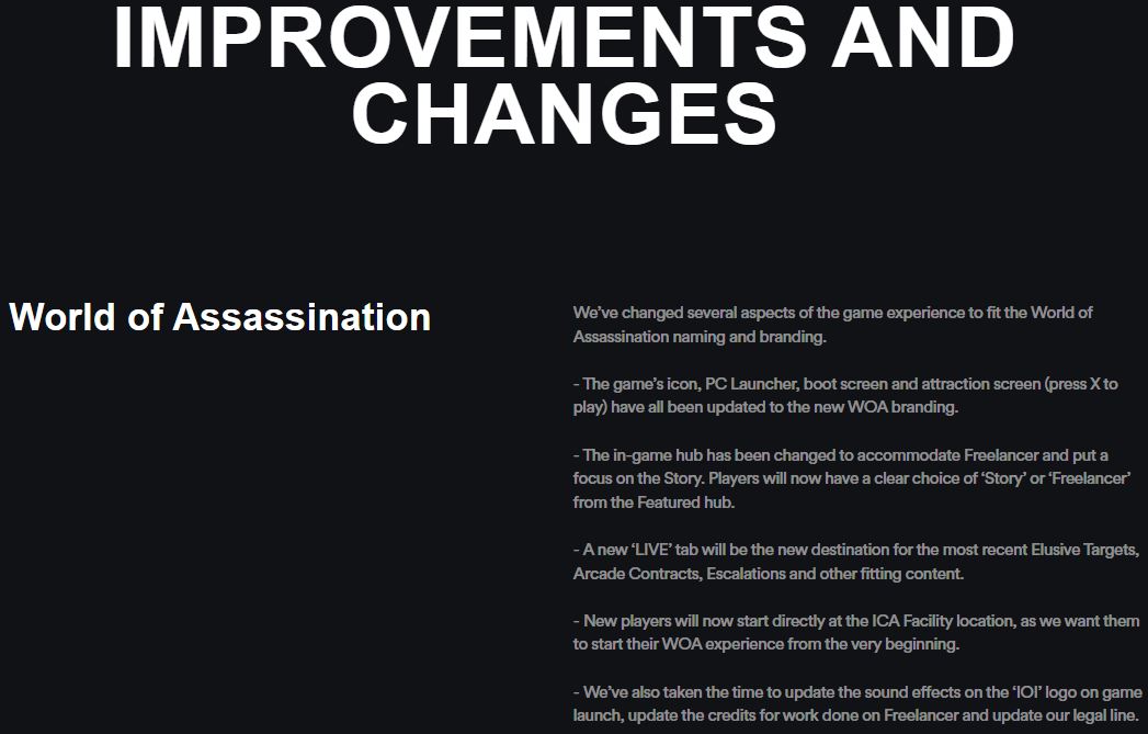 Hitman World of Assassination major improvement and changes.