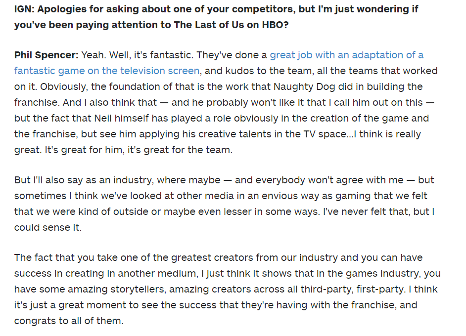 Phil Spencer's view on The Last of Us adaptation. (Source: IGN)