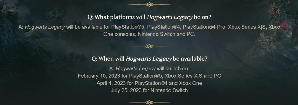 Release dates for Hogwarts Legacy and the consoles to be released on