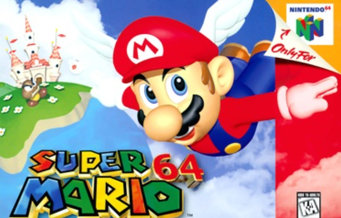 The title art of Super Mario 64 that has a man with a red cap with wings flying in the sky.