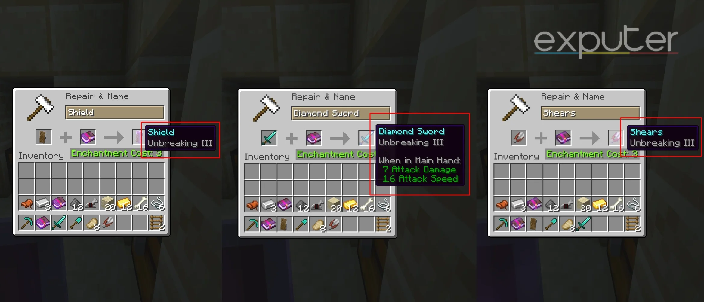 Unbreaking on different enchantable items in Minecraft