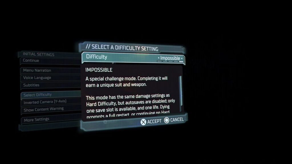 The Impossible Mode menu screen in Dead Space Remake.