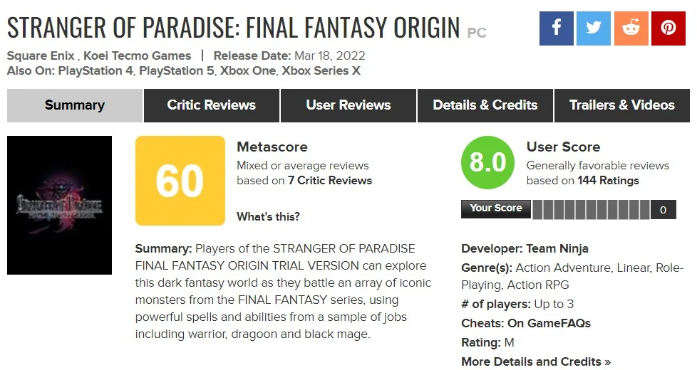 Stranger of Paradise: Final Fantasy Origin - Metacritic