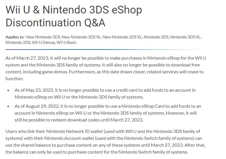 Nintendo will shut down the eShop for Nintendo 3DS and 2DS.