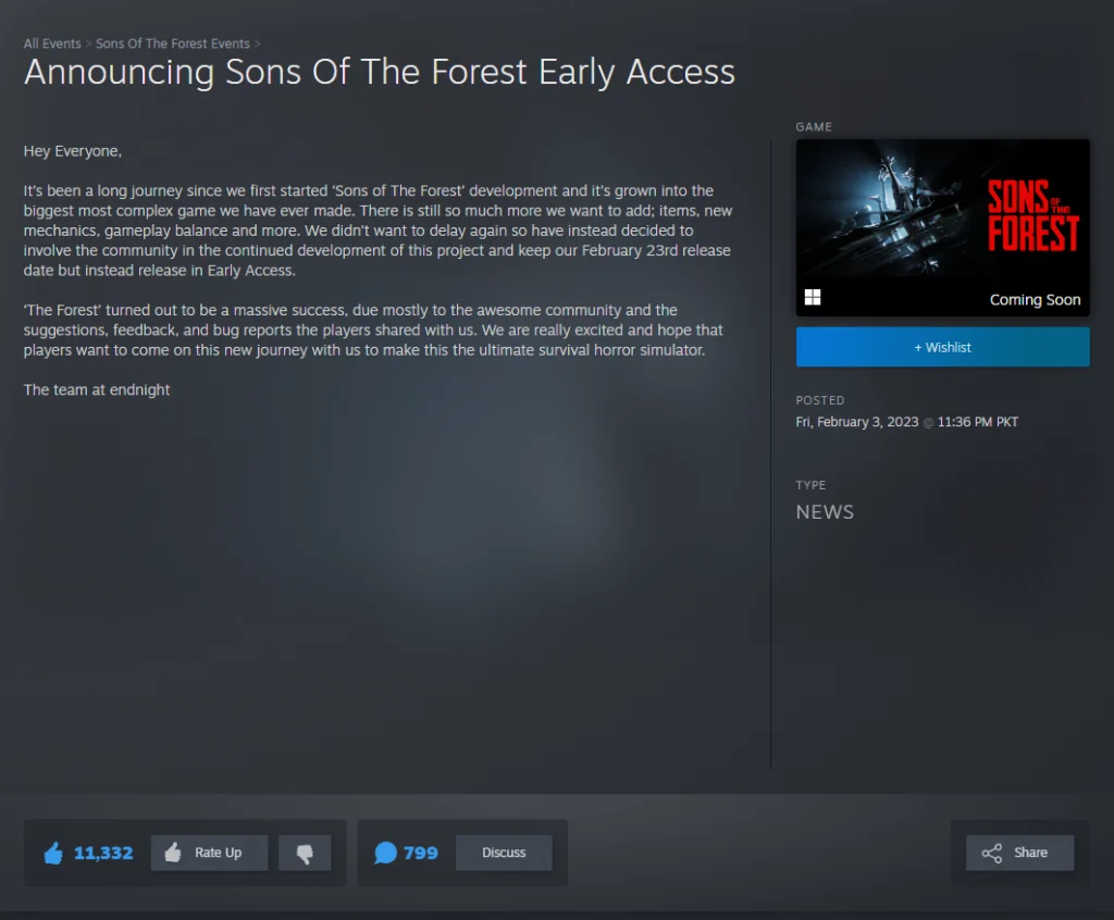 Sons of the Forest early access countdown - start time prediction