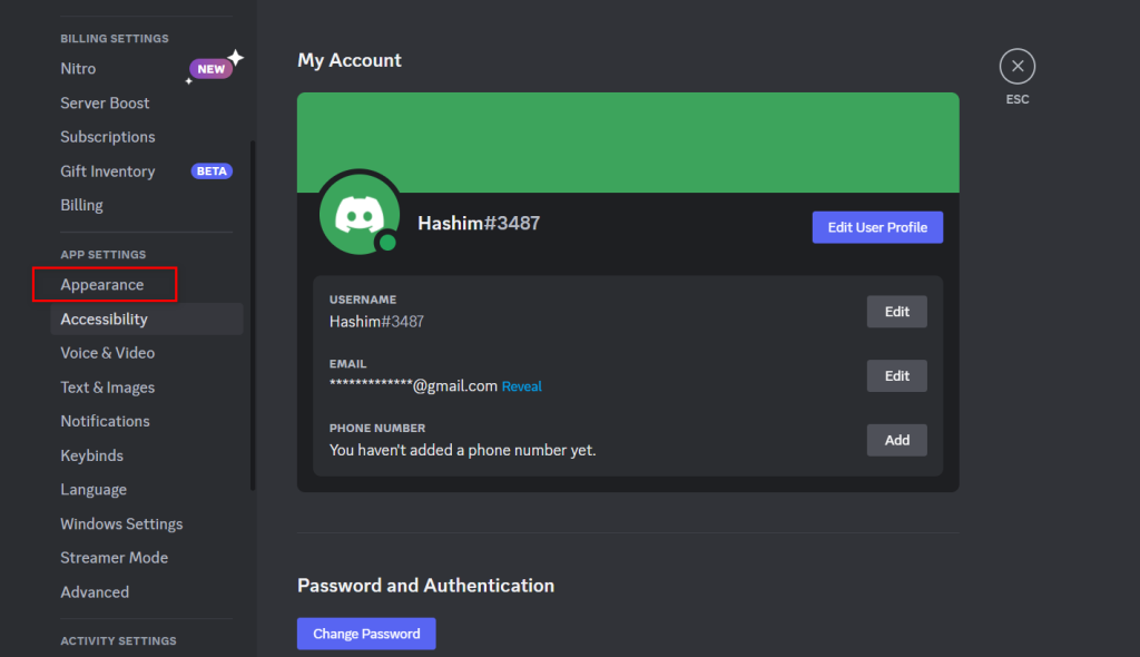 How to access Appearance in Discord