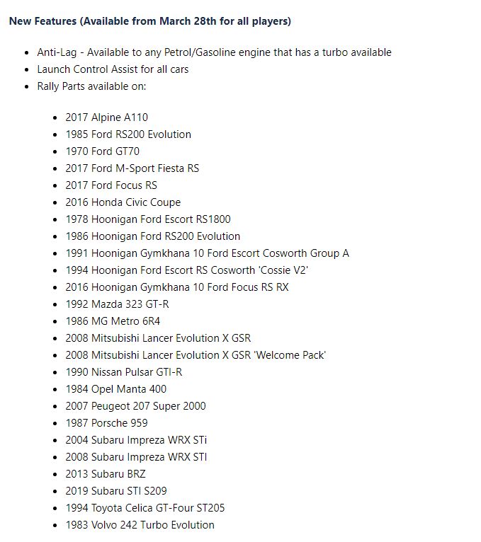 Forza Horizon 5 - New features and Rally Parts availability list
