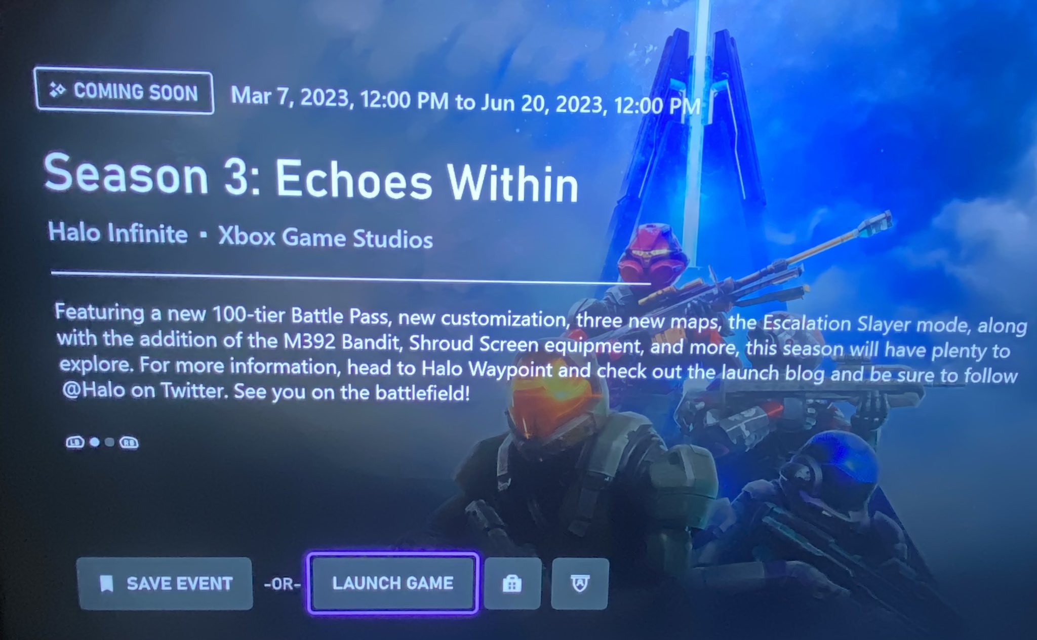 Halo Infinite Season 3: Echoes Within confirmed dates on the Xbox Events app.