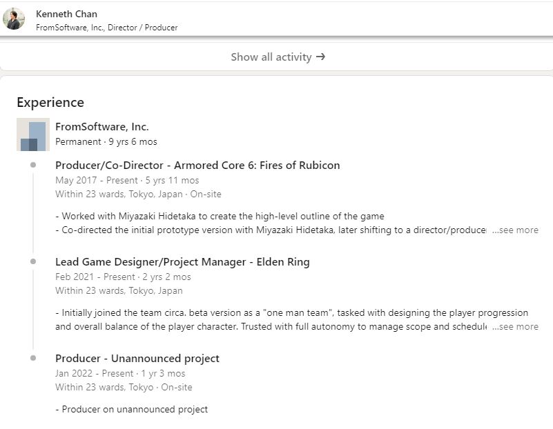 Kenneth Chan's LinkedIn profile mentions an unannounced project in development at FromSoftware.