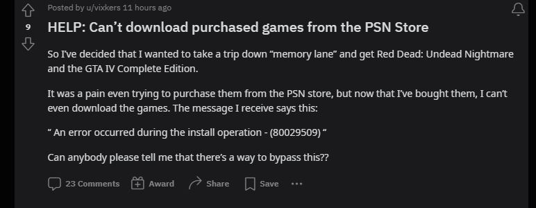 The Reddit user explains how they faced the error while trying to download a game on their PS3.