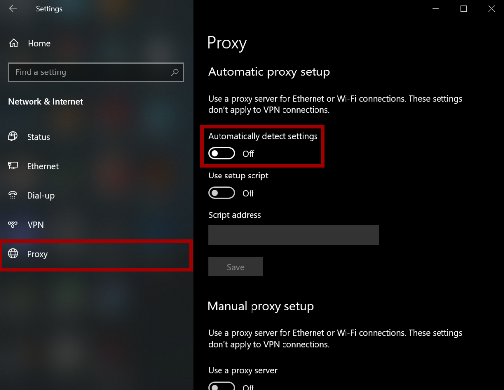 Disabling proxy and deleting proxy settings.