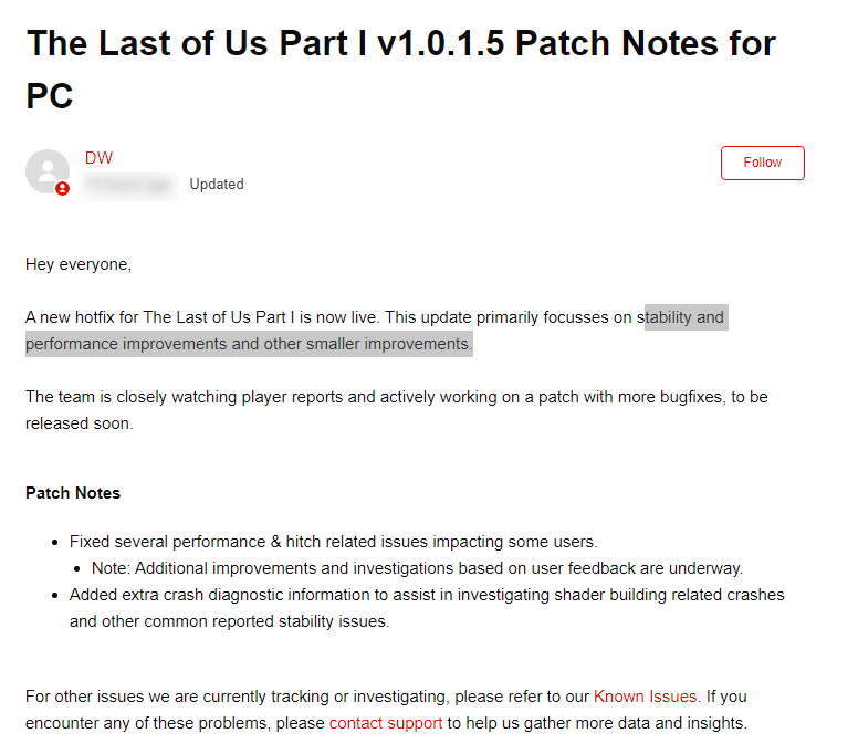 The Last of Us Part 1 Patch v1.0.1.5 for PC