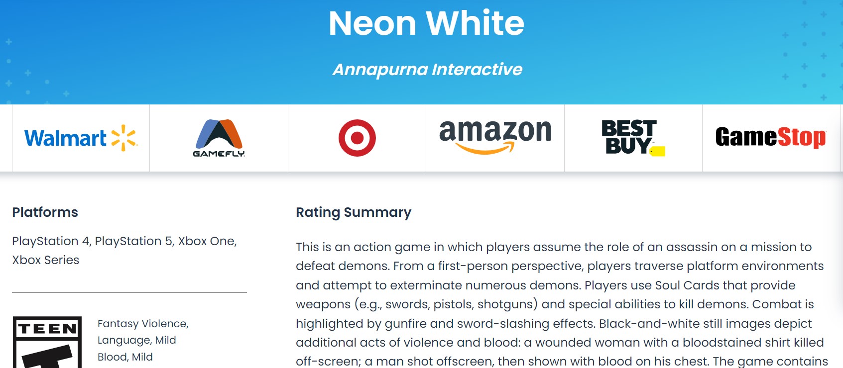 Neon White ESRB rating