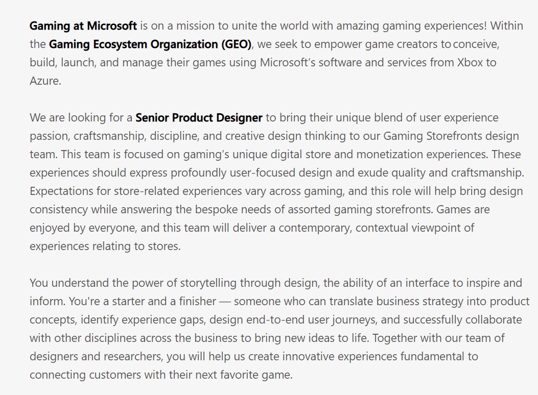 Senior Production Designer job listing Xbox