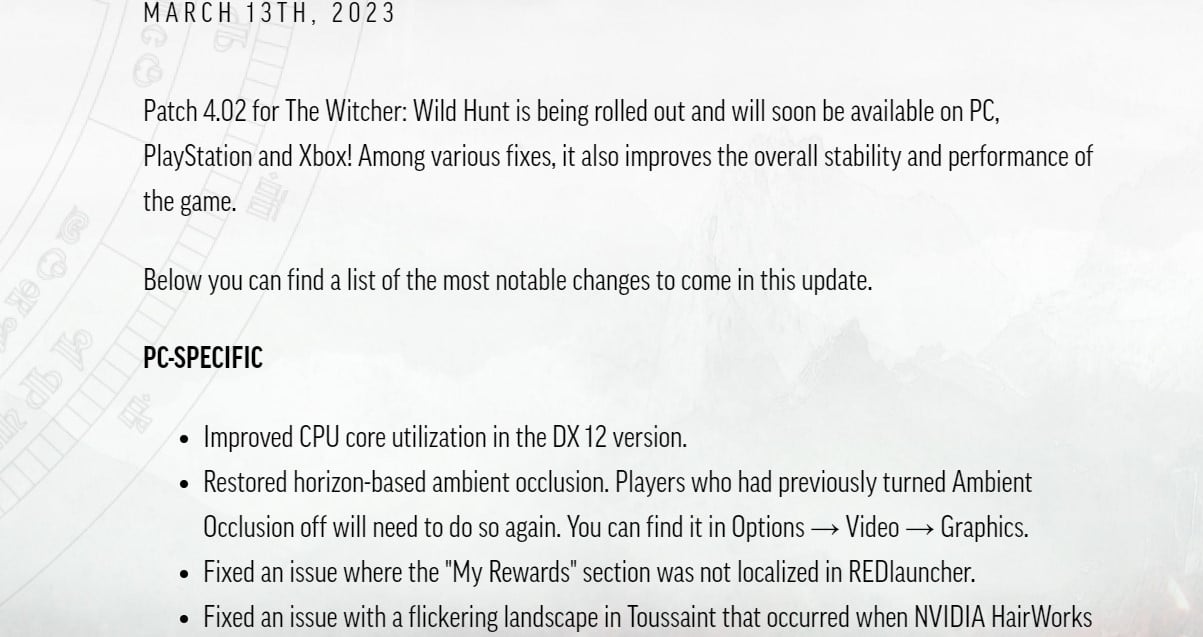 The Witcher 3 patch notes