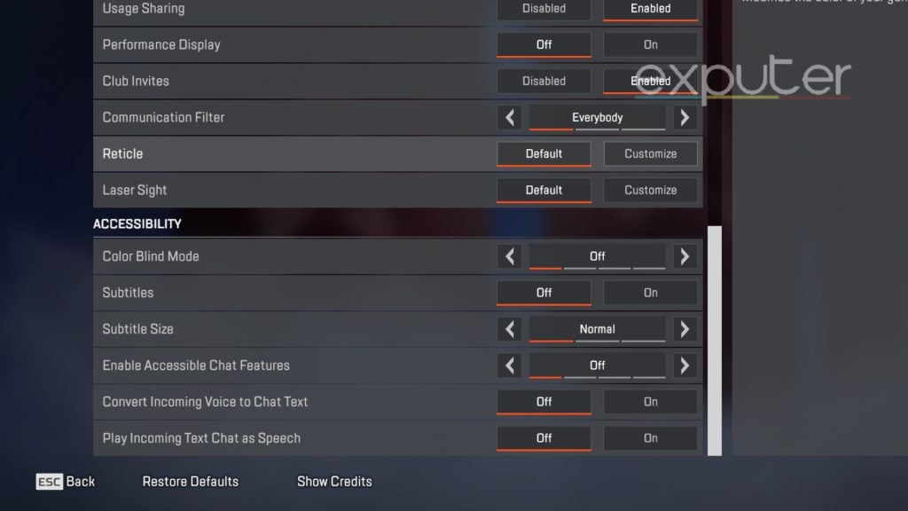 Apex Legends Accessibility Settings