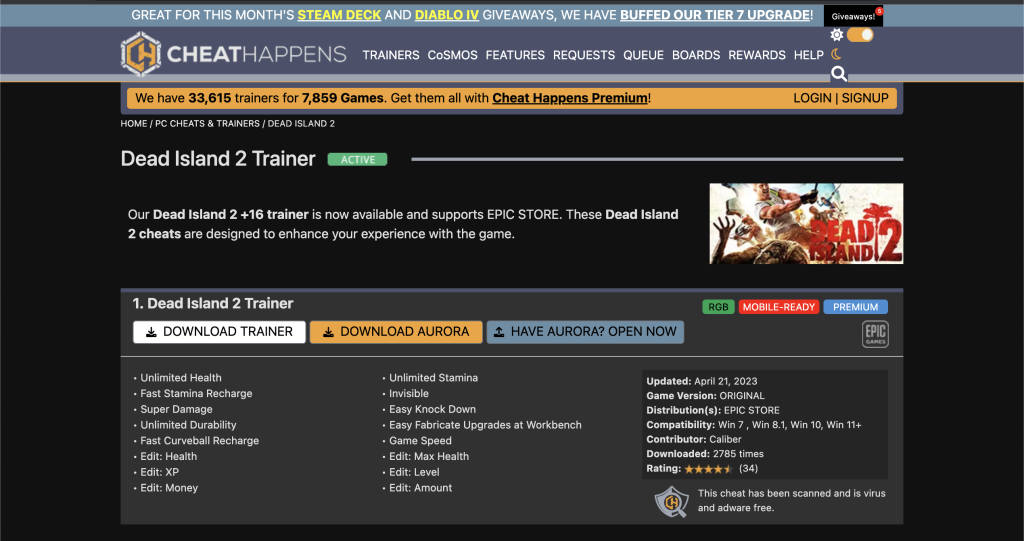 The website for CheatHappens Trainer.