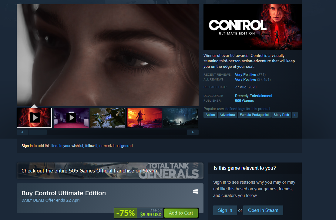 Control Ultimate Edition Discounted on Steam