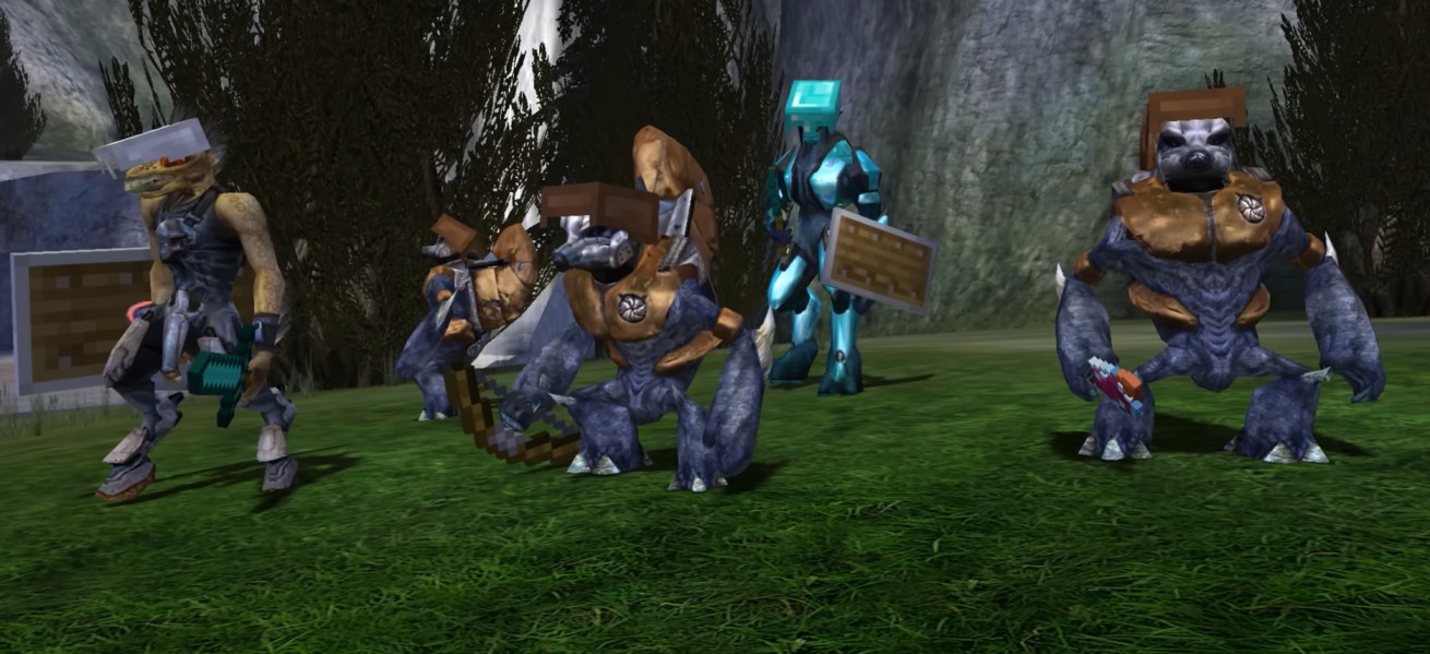 Cursed Halo mod showing Jackals equipped with Minecraft gear.