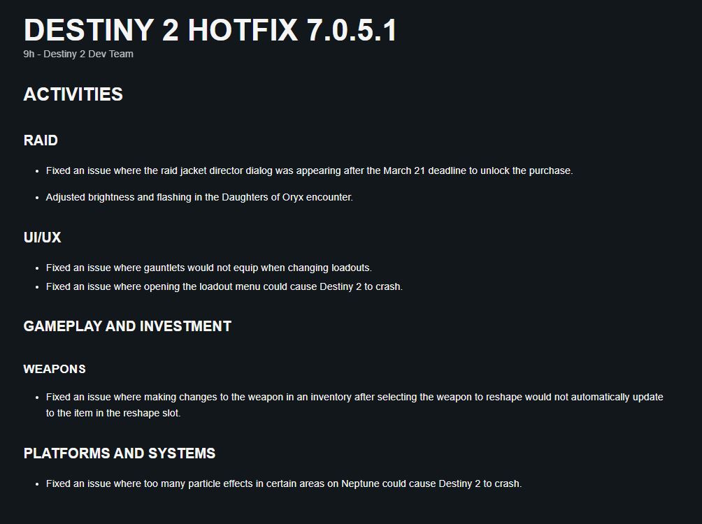 Patch notes for Destiny 2 Hotfix 7.0.5.1