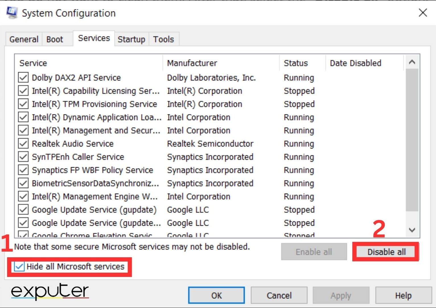 Disable all services other than Microsoft services