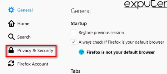 How to go to Privacy and Security in Firefox