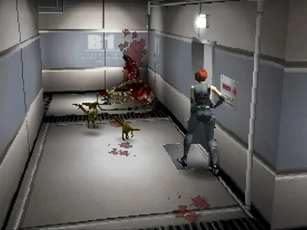 Regina leaves a blood trail showing bleeding injuries in Dino Crisis