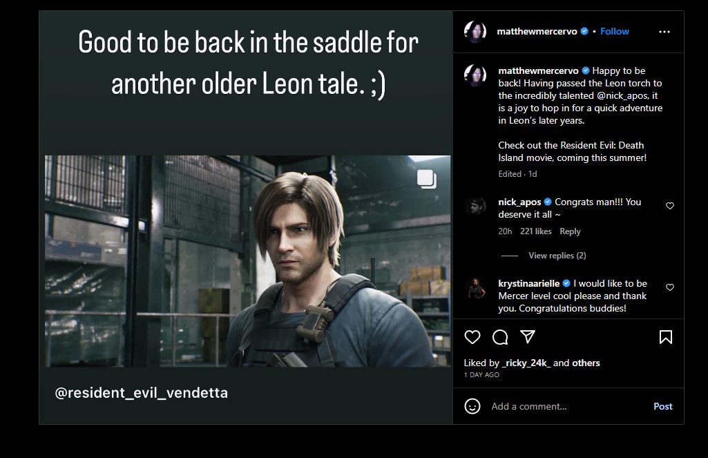 Matthew Mercer will be reprising his role as Leon S. Kennedy in Resident Evil: Death Island