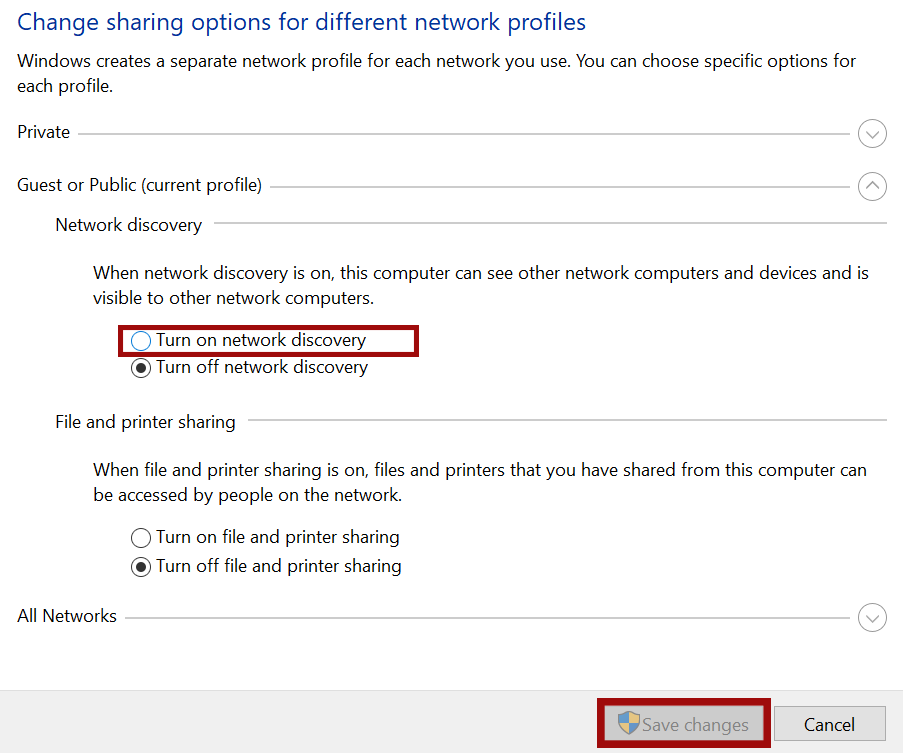 Changing Advanced Sharing Settings. (image captured by eXputer)