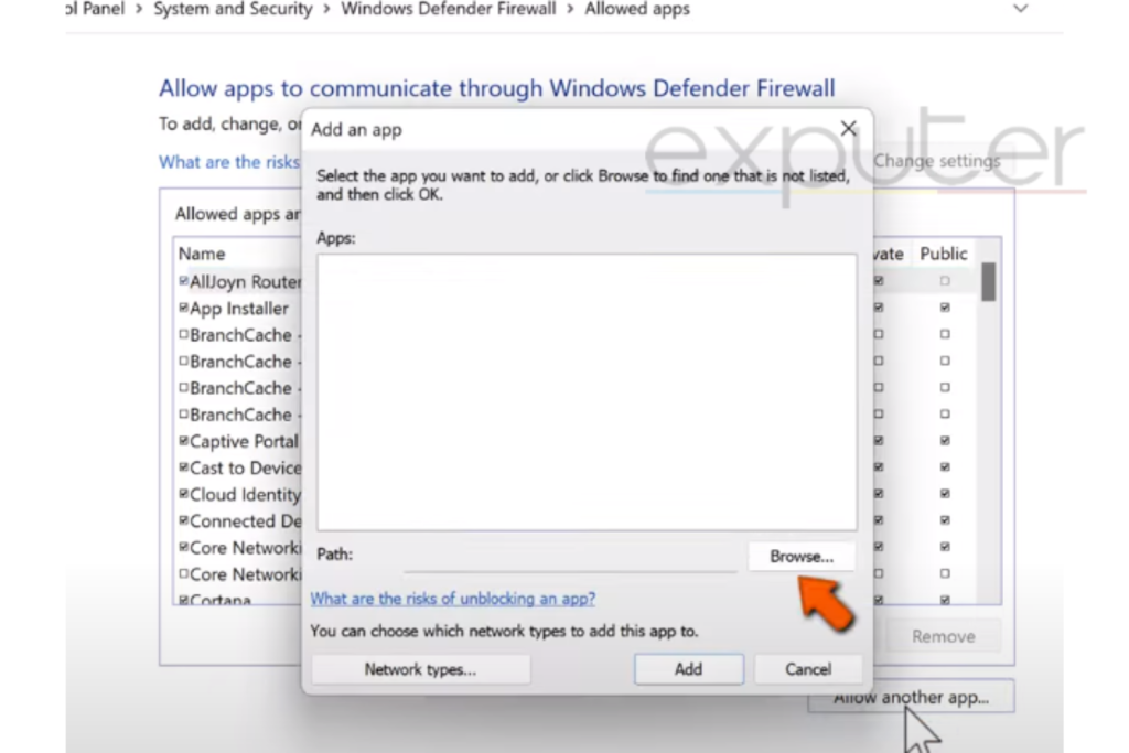 Adding an app in Windows Defender Firewall Settings