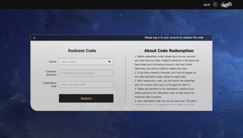website code redeeming screen