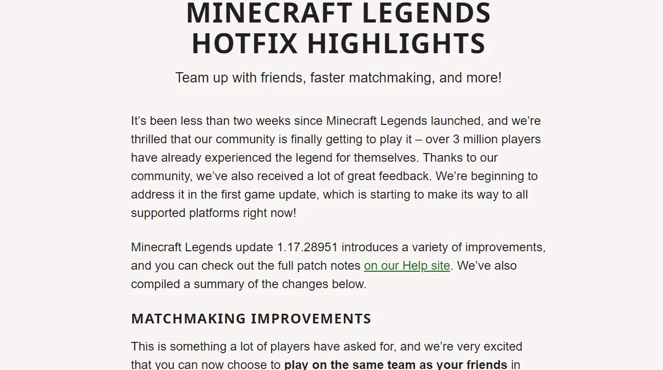 Minecraft Legends patch notes