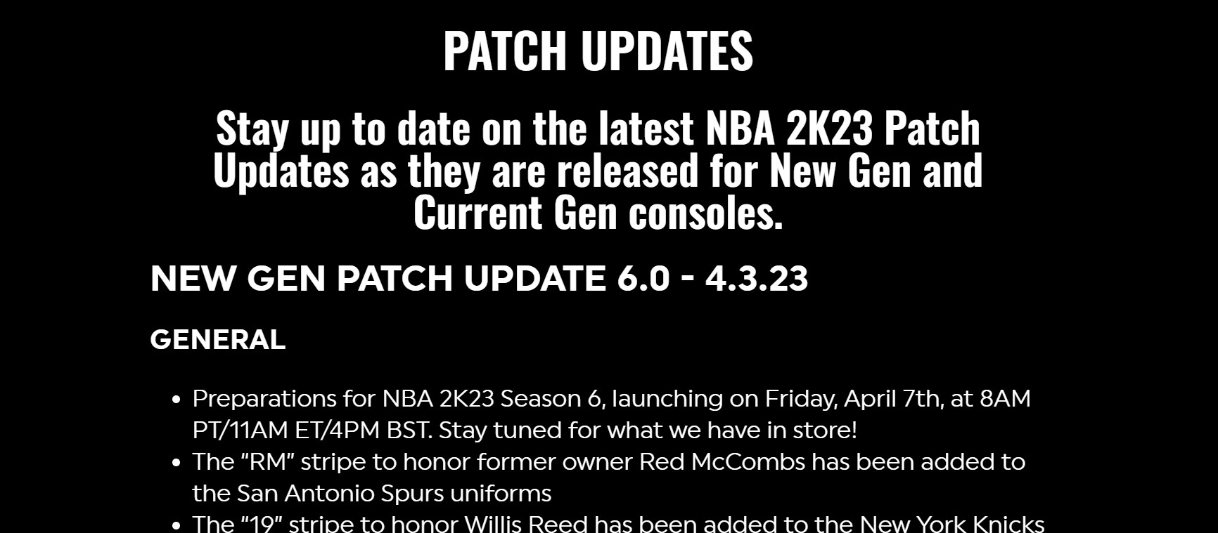 NBA 2K23 Patch Notes