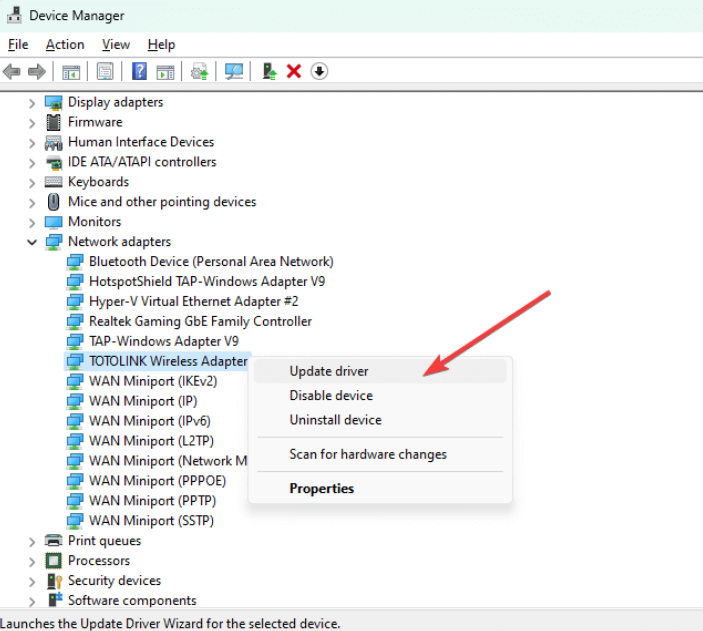 Update network drivers in device manager
