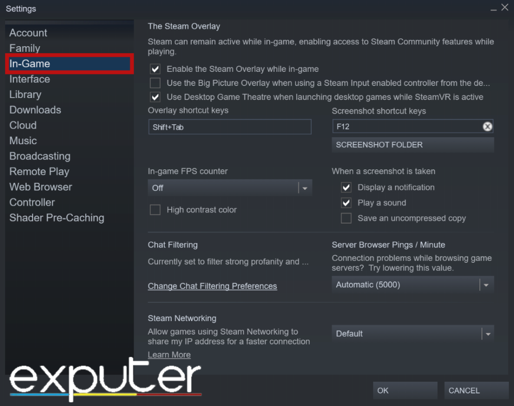 Navigating to In-Game Settings in Steam Settings. (image by eXputer)