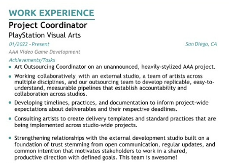 John Borba's resume listing out the new unannounced project by PlayStation Visual Arts