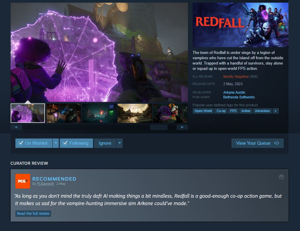 Redfall has mostly negative ratings on Steam.