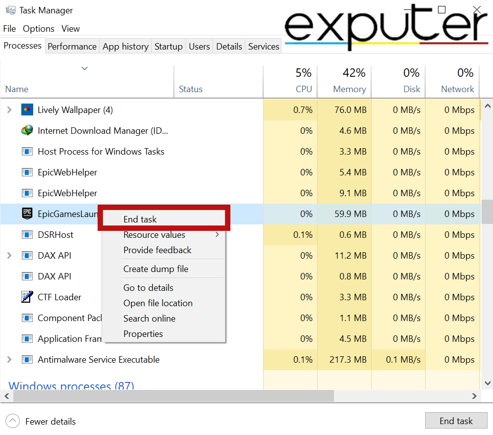 Closing Epic Games Launcher from Task Manager. (image by eXputer)