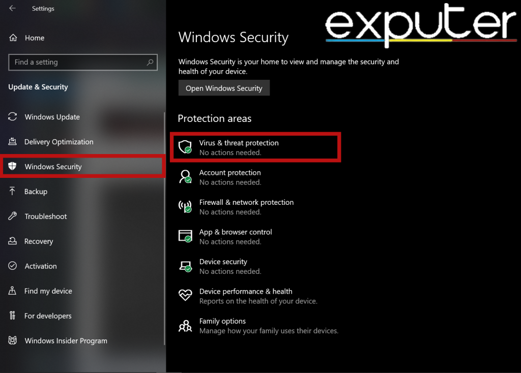 Opening Virus and Threat Protection Settings. (image by eXputer)